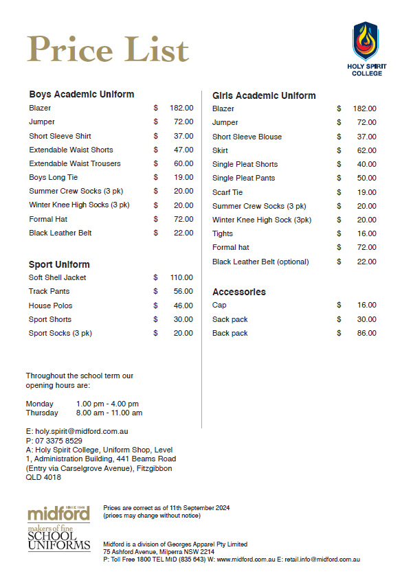 Uniform Price List